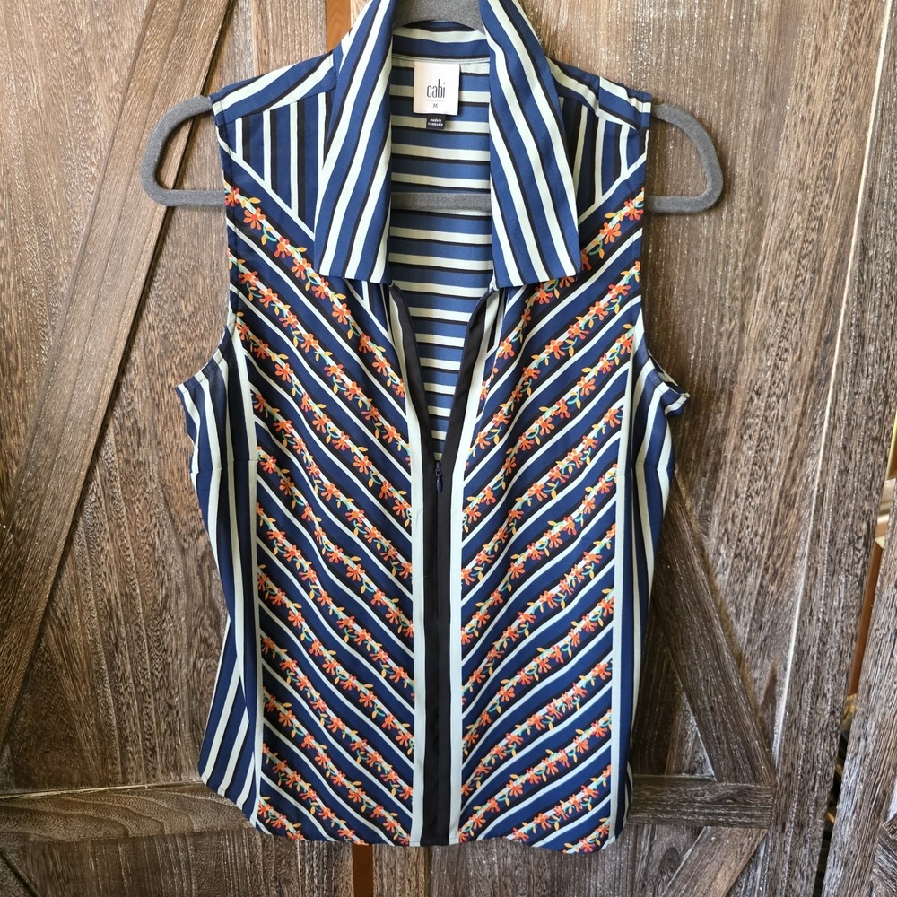 Cabi Shirt Women's Size Medium Blue Multi Color Floral Stripe Sleeveless Sheer
